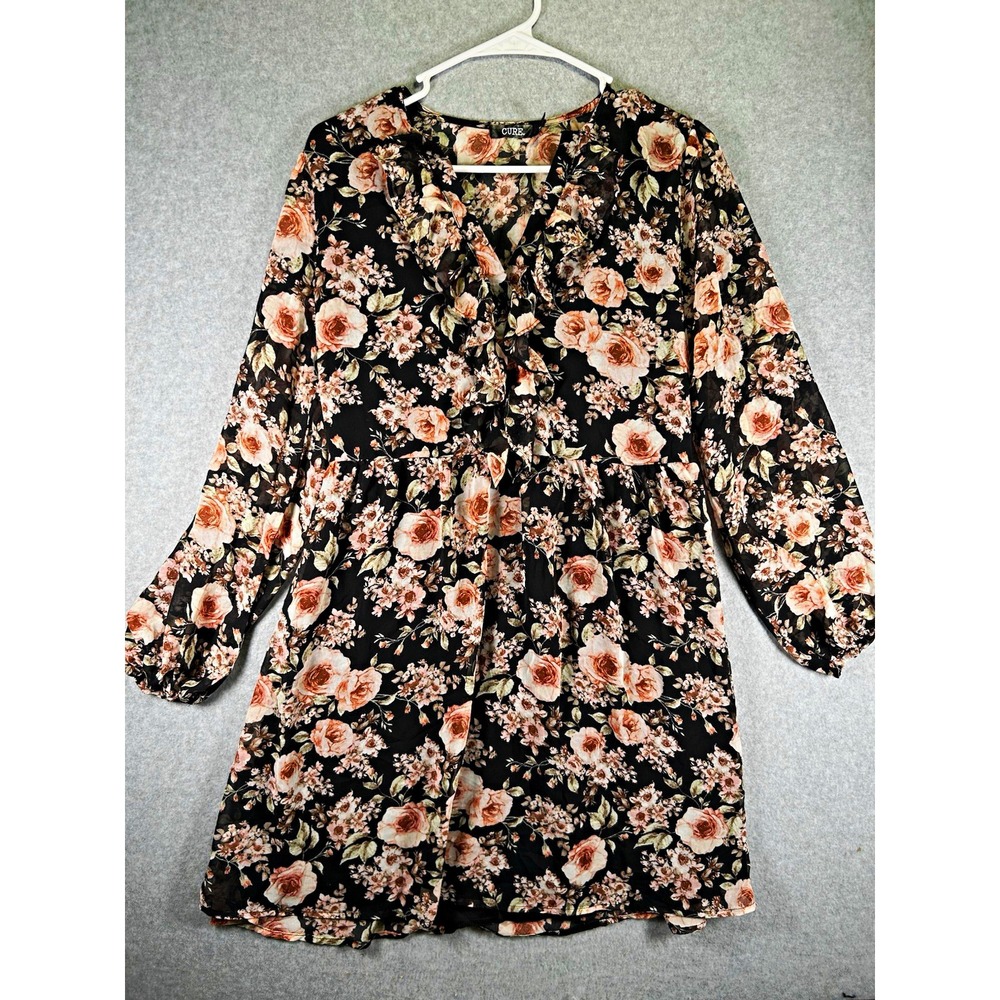 CURE Womens Floral Mini Dress Black Pink V-Neck Ruffle Lined Chiffon M